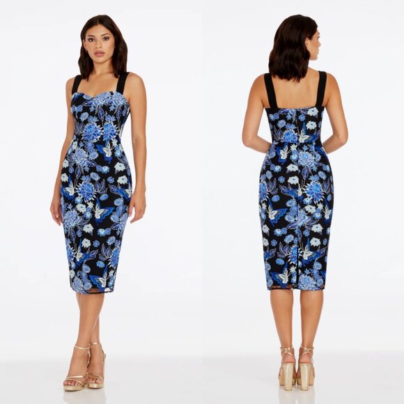 Dress the Population Nicole Black Blue Butterfly Floral Lace Dress Size M NEW - Picture 1 of 10